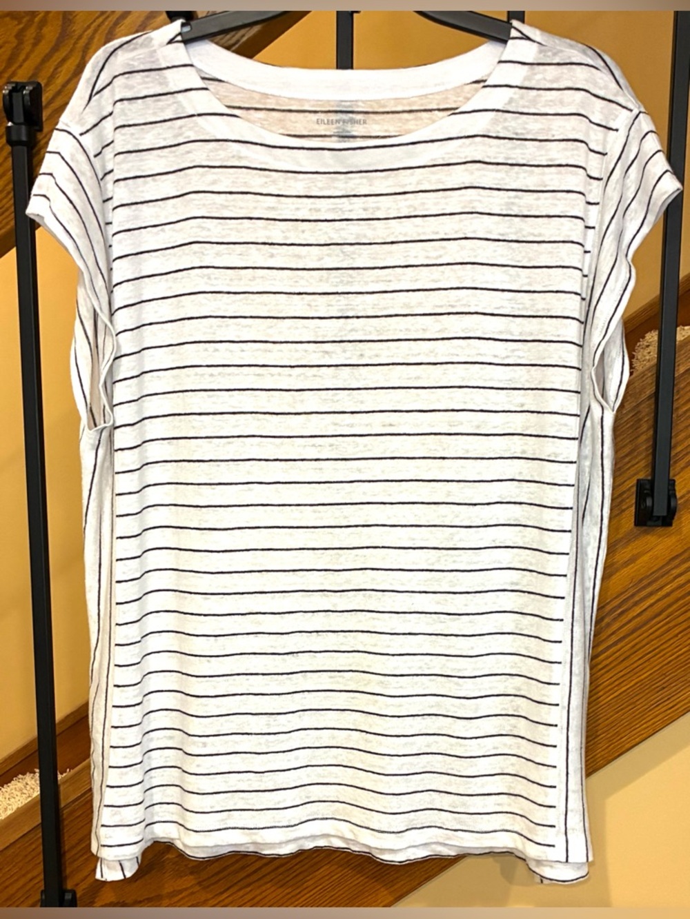 Eileen Fisher Top Striped Cap Sleeve Organic Linen Gray White SZ. Large